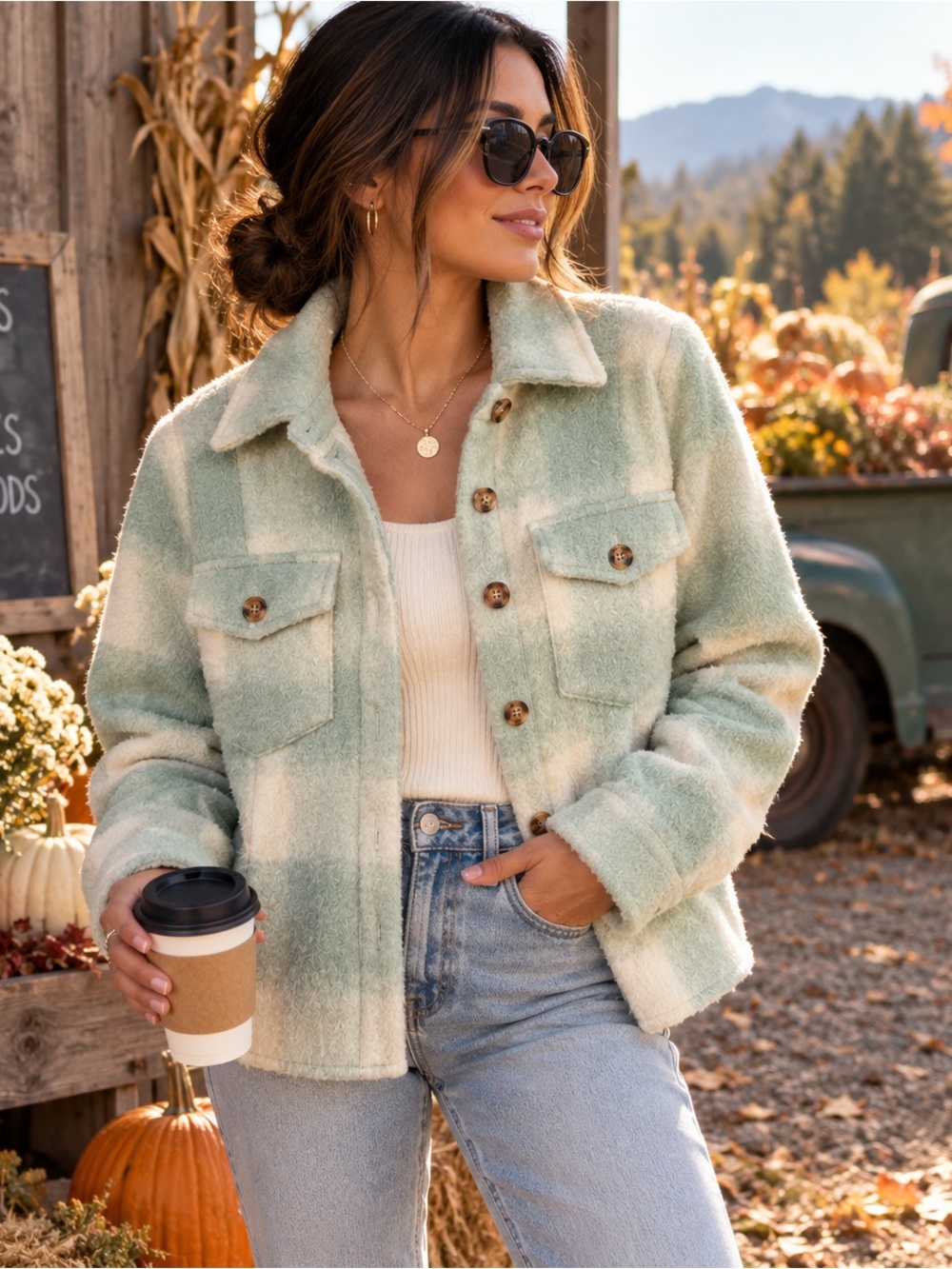Skies Are Blue Mint Green Plaid Teddy Shacket Jacket